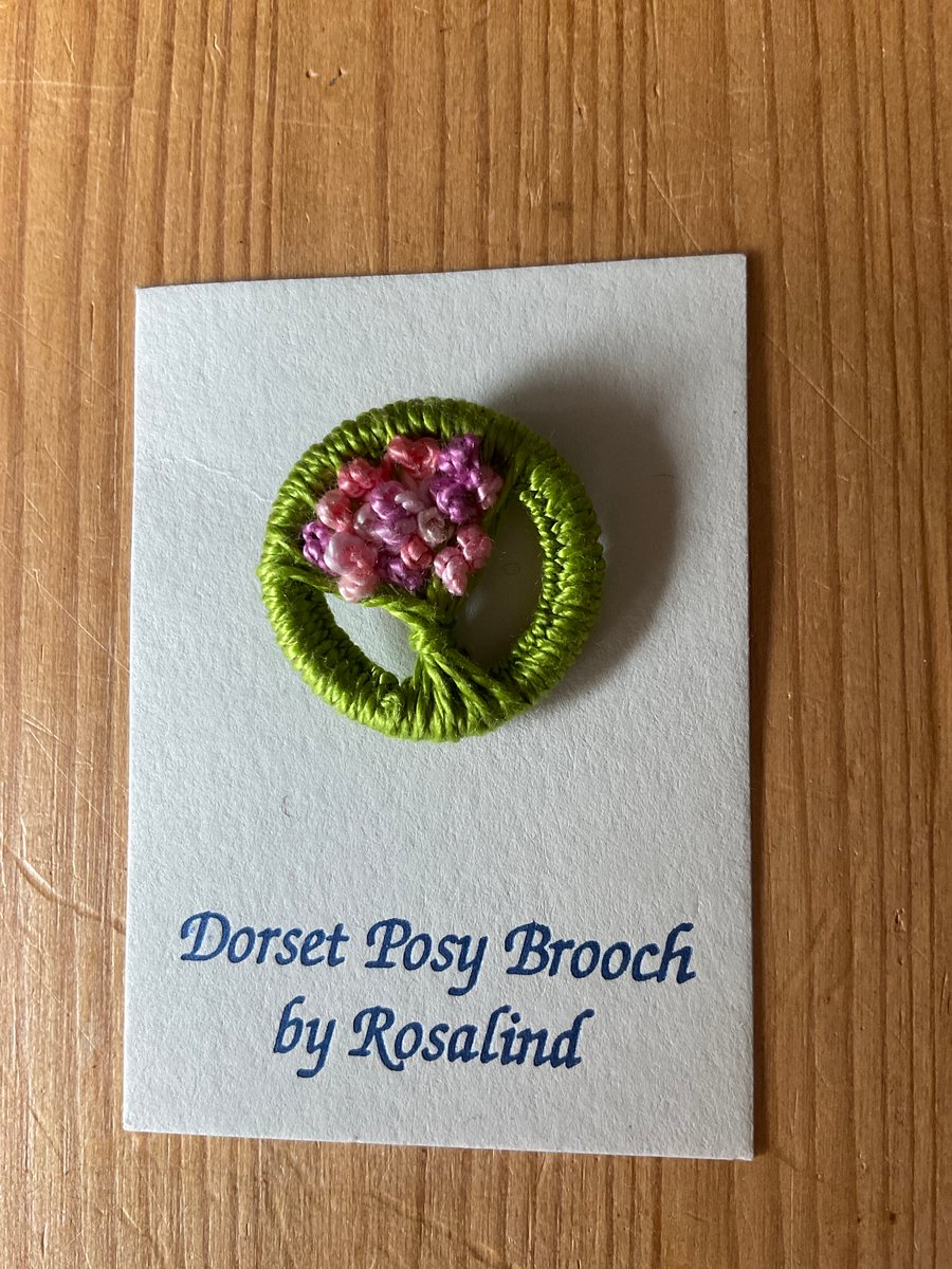 Dorset Posy Brooch, Green with Pink Flowers, P12