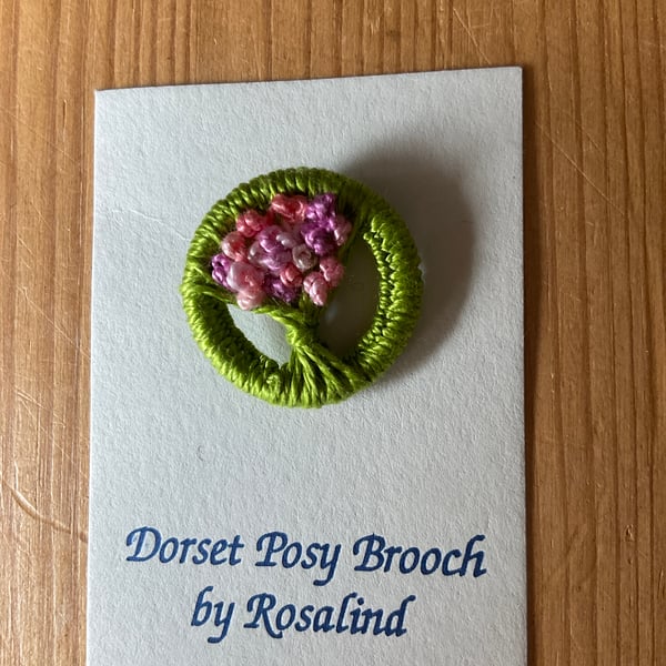 Dorset Posy Brooch, Green with Pink Flowers, P12