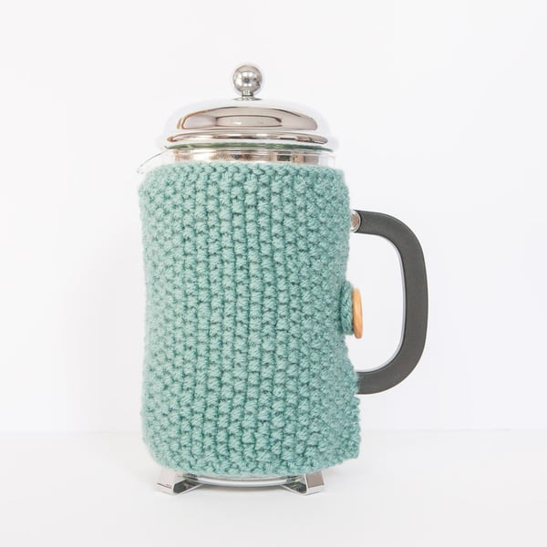 Teal knit coffee cosy - Cafetiere cosy - Coffee jug warmer - French press cover