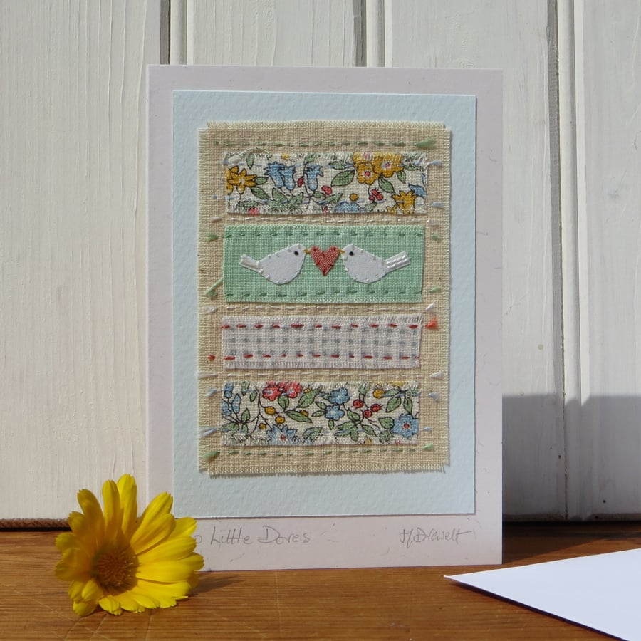 Two Little Doves hand-stitched miniature textile on card, anniversary, wedding..