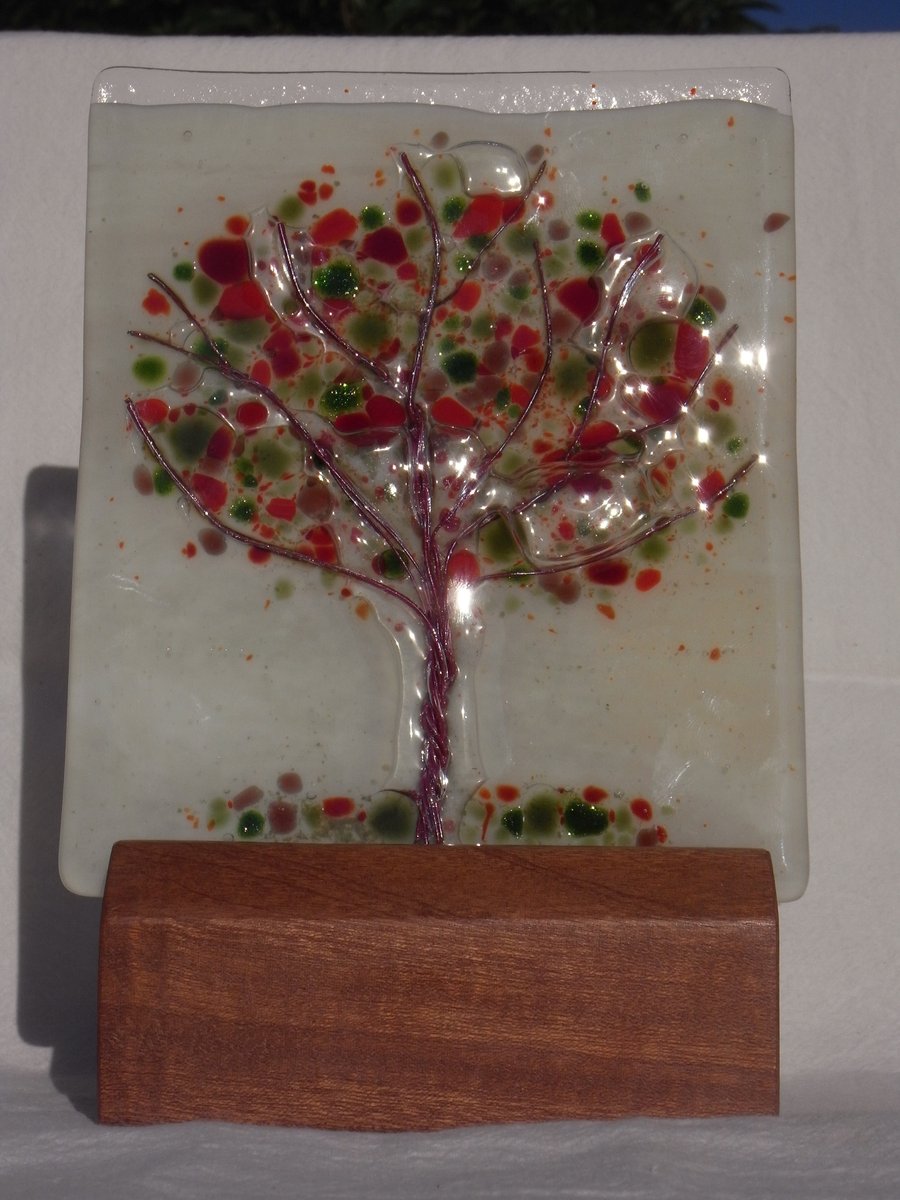 'Autumn Tree', fused glass panel with candle holder