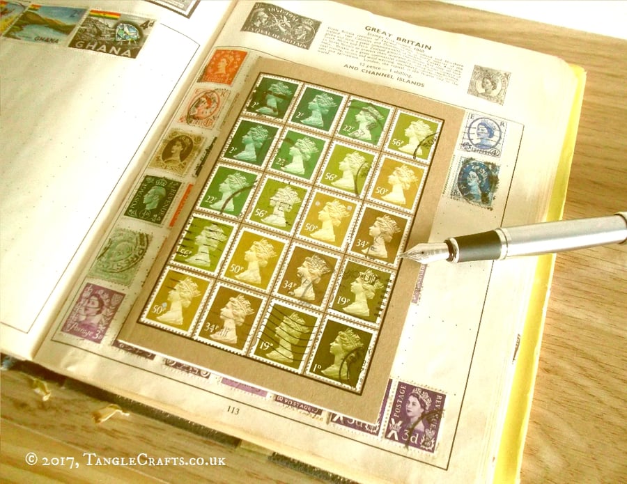 Retro Olive Mustard British Stamp Notebook, A6 - Upcycled Postage Stamp Gift