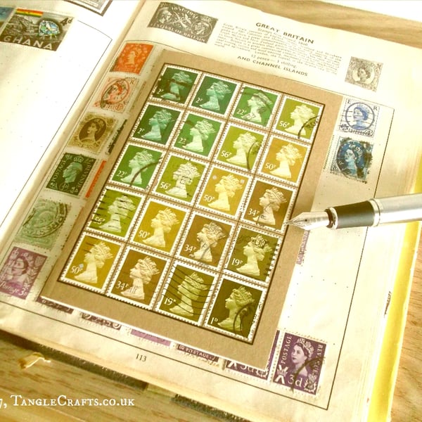 Retro Olive Mustard British Stamp Notebook, A6 - Upcycled Postage Stamp Gift