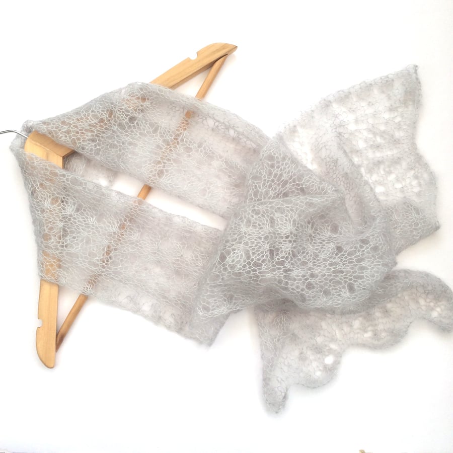 Silver grey lace scarf hand knit in kid mohair