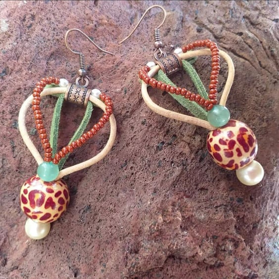 Boho Brown and Green Statement Beaded Earrings