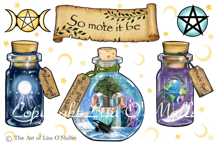 Glossy Vinyl Sticker Sheet set of 6 "Spell Bottles"