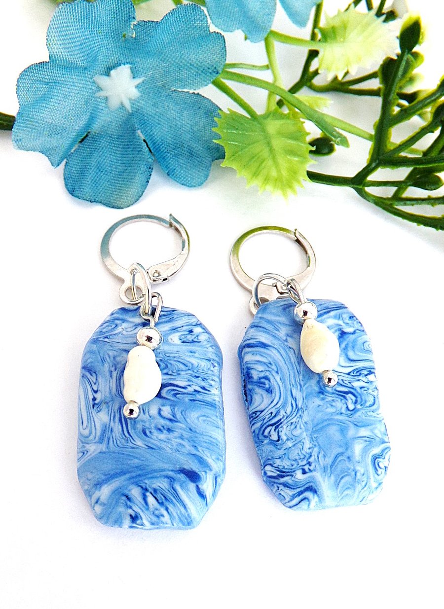 Blue Marbled And Freshwater Pearl Earrings.