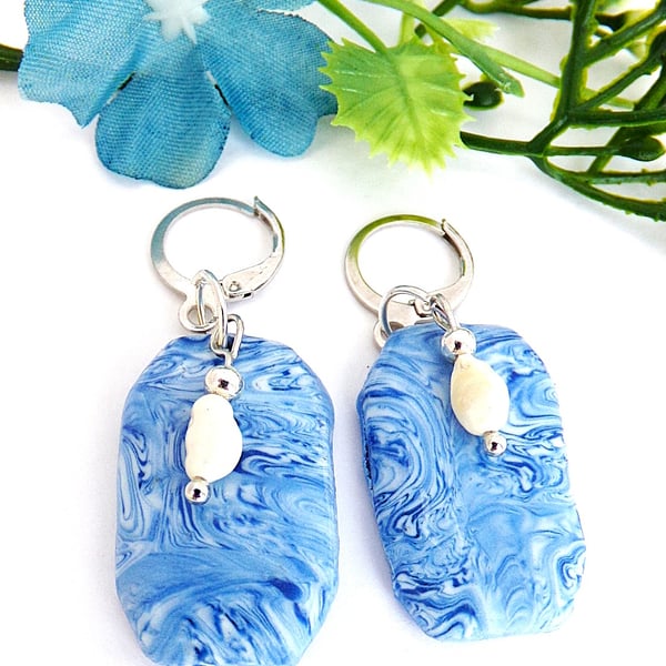 Blue Marbled And Freshwater Pearl Earrings.