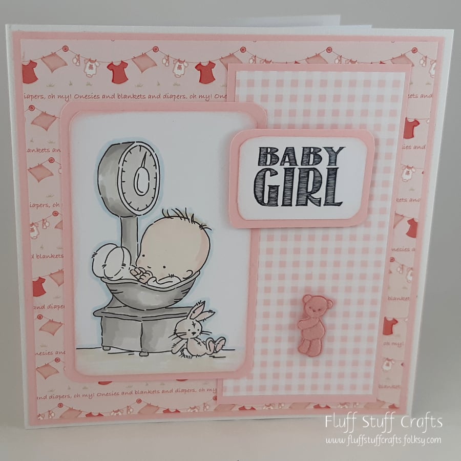 Handmade new baby girl card - on the scales