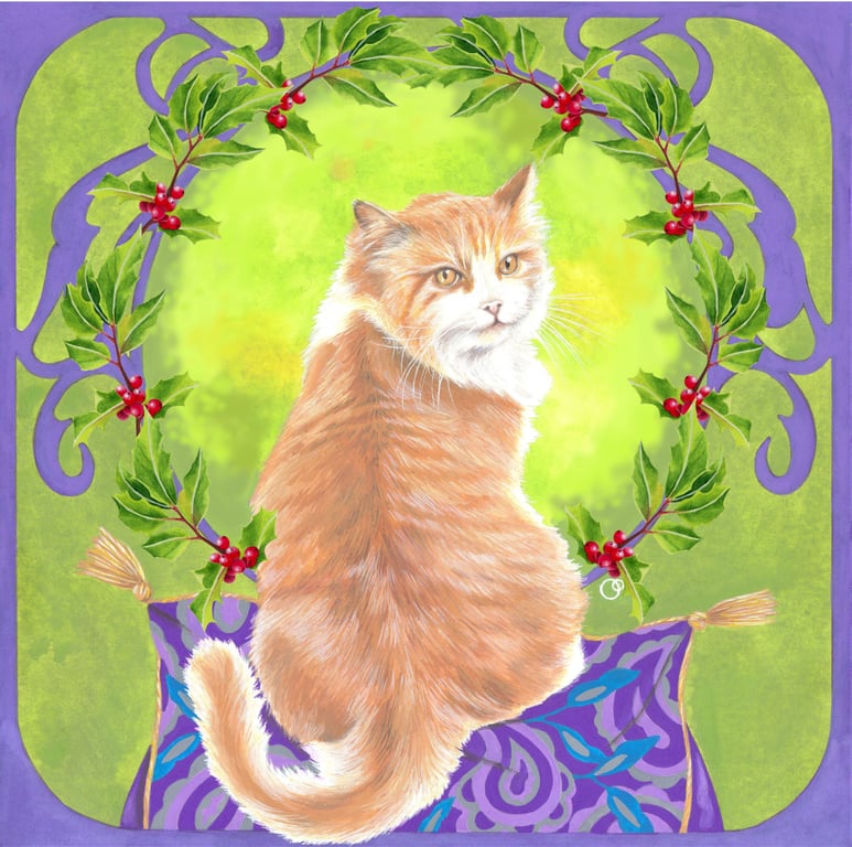 Art Nouveau Ginger Cat Handmade Christmas Card