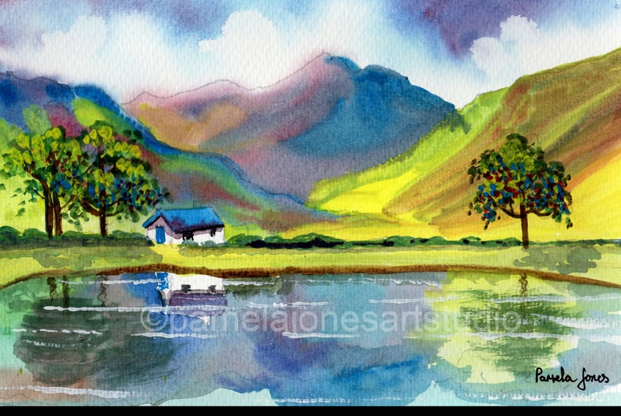 Buttermere, Lake District, Cumbria, Watercolour Print, A3, in 20 x 16 '' Mount
