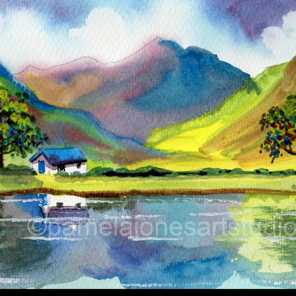 Buttermere, Lake District, Cumbria, Watercolour Print, A3, in 20 x 16 '' Mount