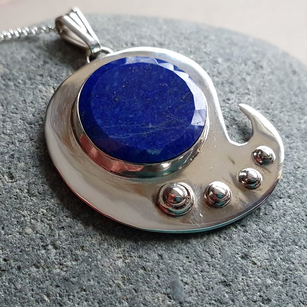 Lapis Lazuli Pendant Sterling Silver Curly Tail with Silver Balls