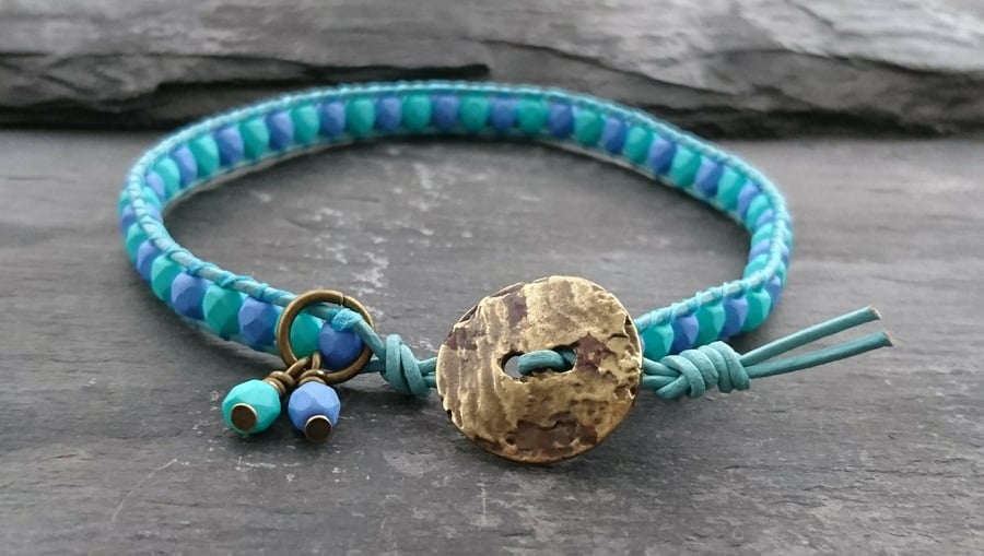 SALE Blue and green leather and beaded bracelet with antique gold button