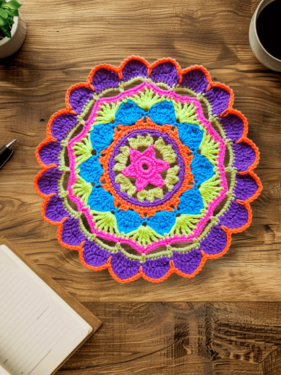 colourful crochet doily, mandala flower table mat