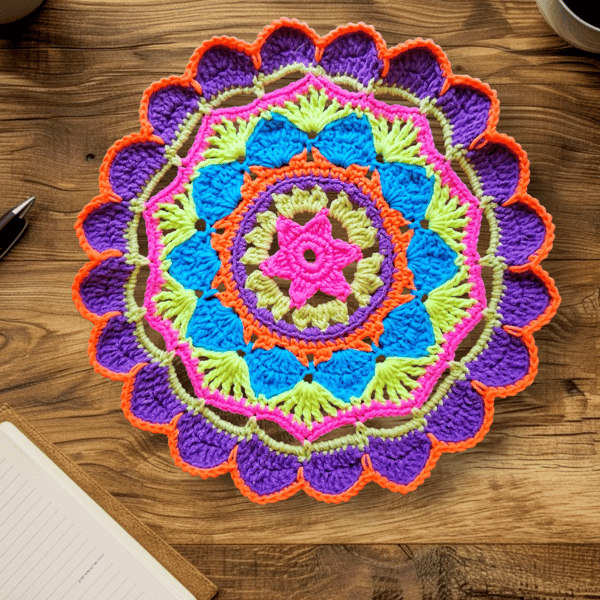colourful crochet doily, mandala flower table mat