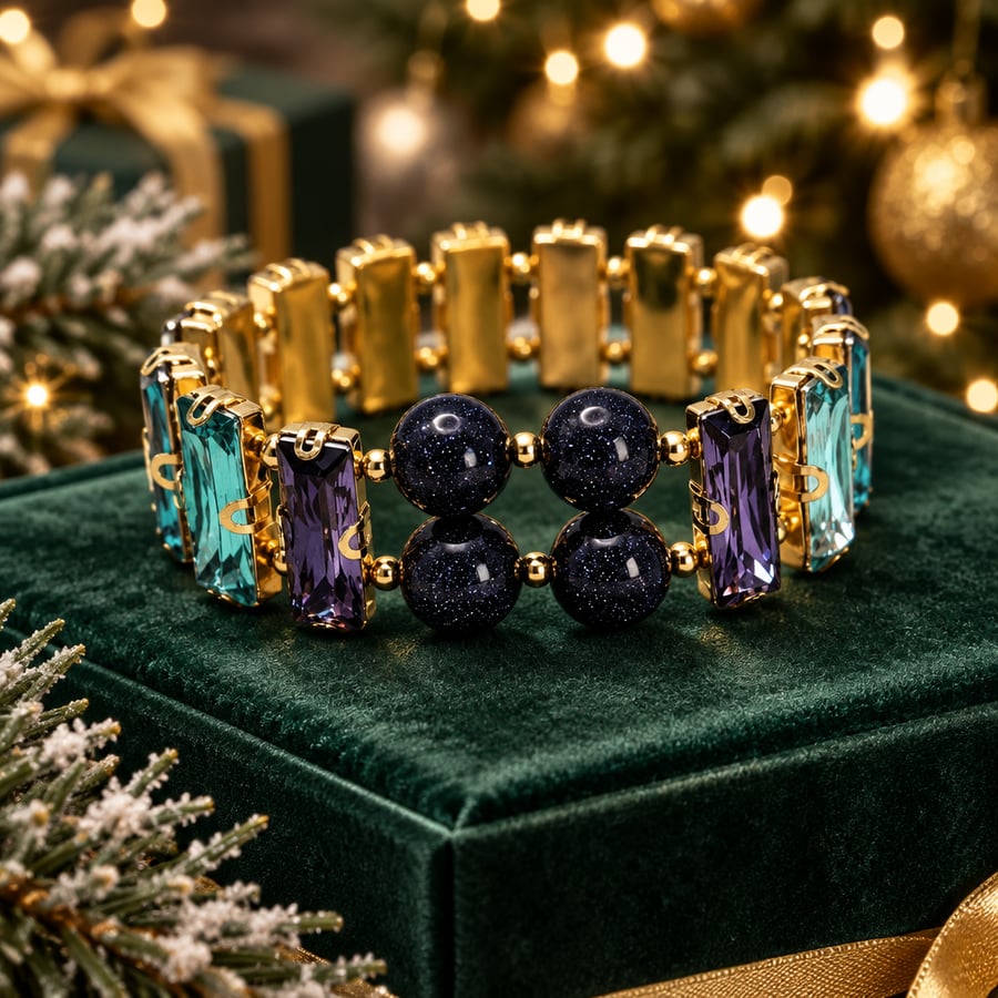 Blue Goldstone and Crystal Stretch Bracelet Purple Aqua Teal Baguettes