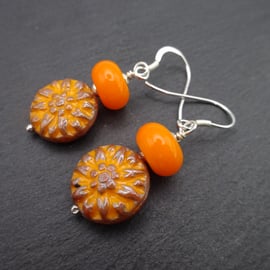 lampwork glass orange earrings, sterling silver jewellery