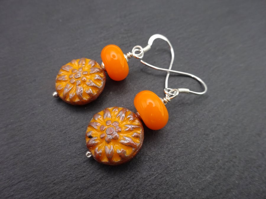 lampwork glass orange earrings, sterling silver jewellery