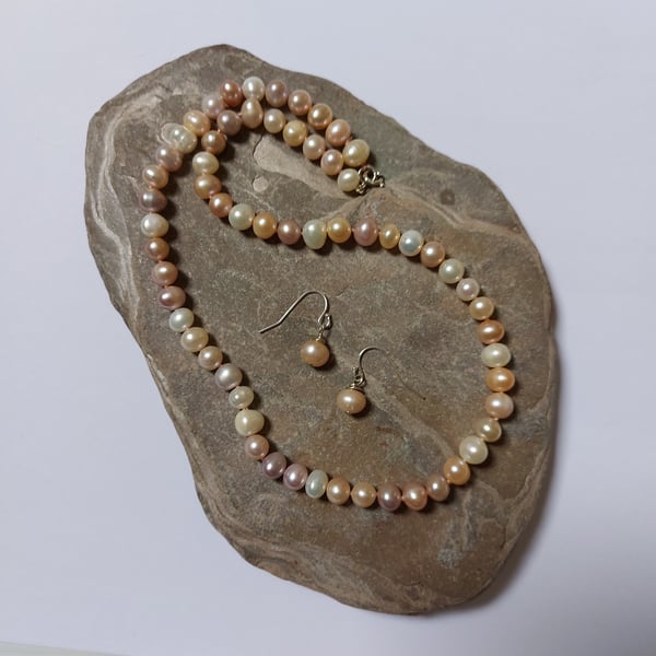 Pearl Jewellery Set, Necklace and Earrings, Peach Colour, with Sterling Silver