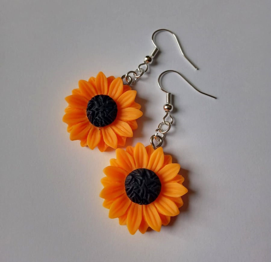 Sunflower Yellow Summer Silver Plate Resin Earrings