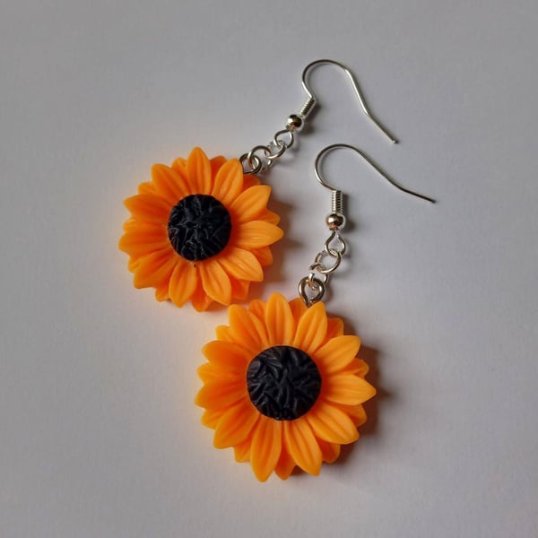 Sunflower Yellow Summer Silver Plate Resin Earrings