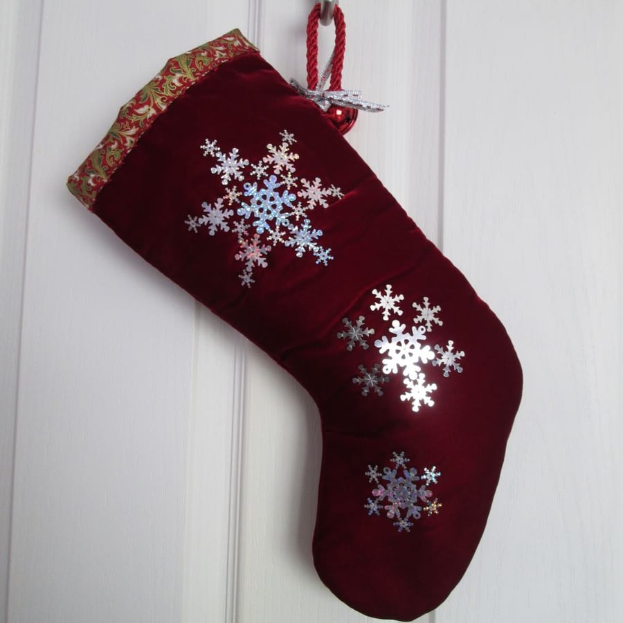 'Snowflakes' Luxury Red Velvet Christmas Stocking with Silver Sequin Decoration