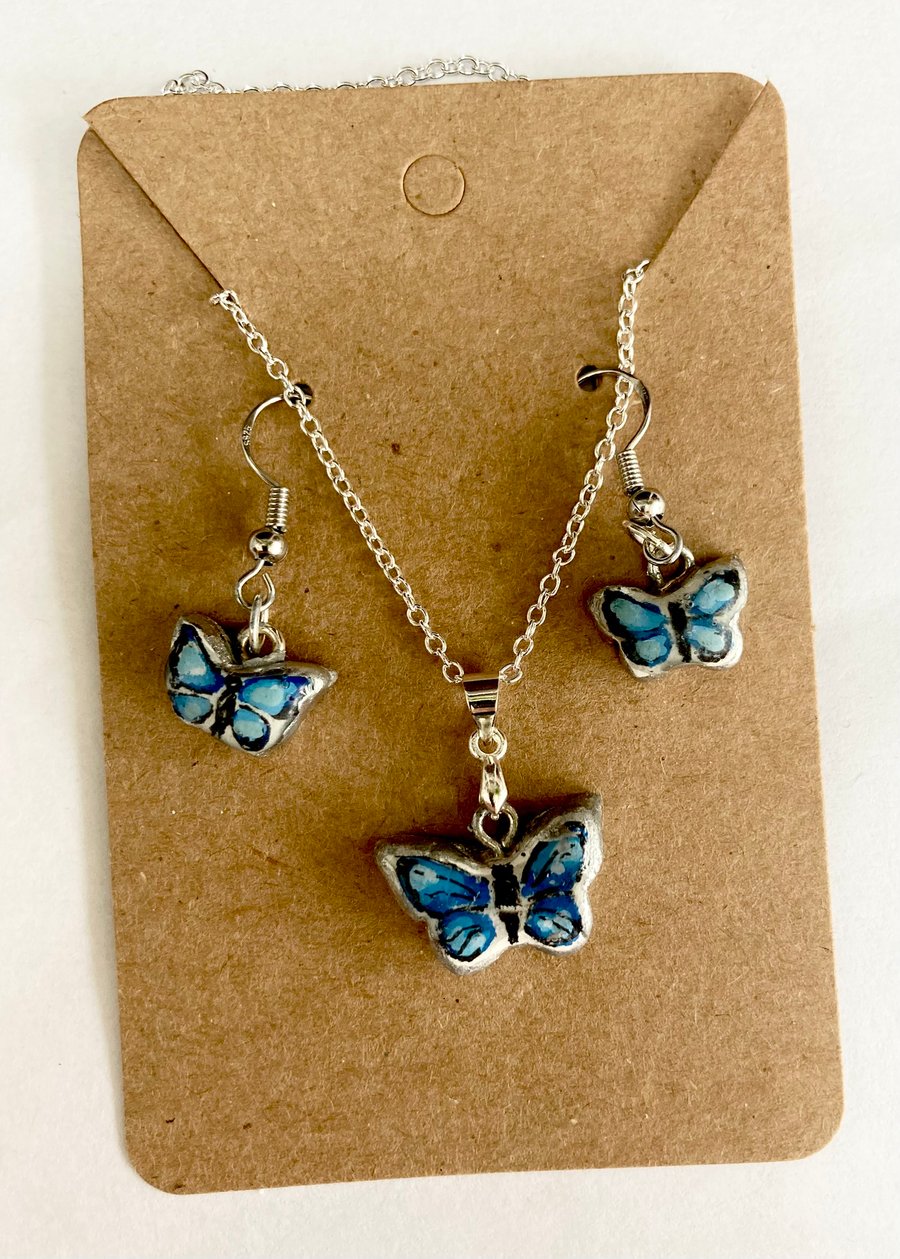 Blue Butterfly  Pendant Necklace & Earrings Handcrafted Jewellery Set