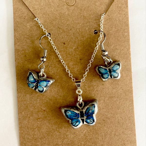 Blue Butterfly  Pendant Necklace & Earrings Handcrafted Jewellery Set