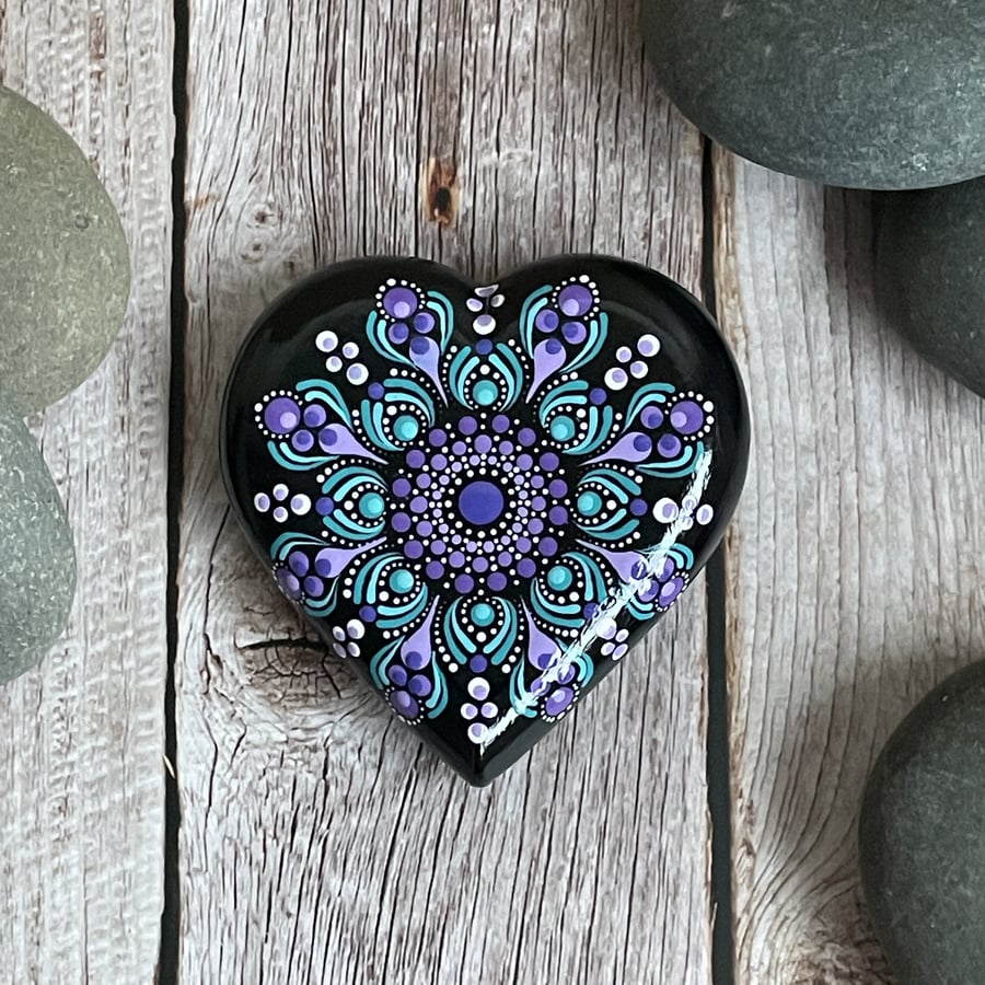 Purple & Green Heart Mandala Rock Art Stone Acrylic Painting Hand Painted Unique