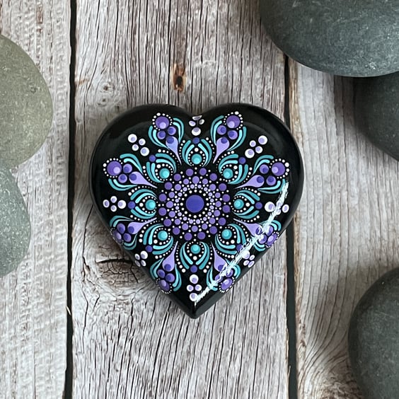 Purple & Green Heart Mandala Rock Art Stone Acrylic Painting Hand Painted Unique