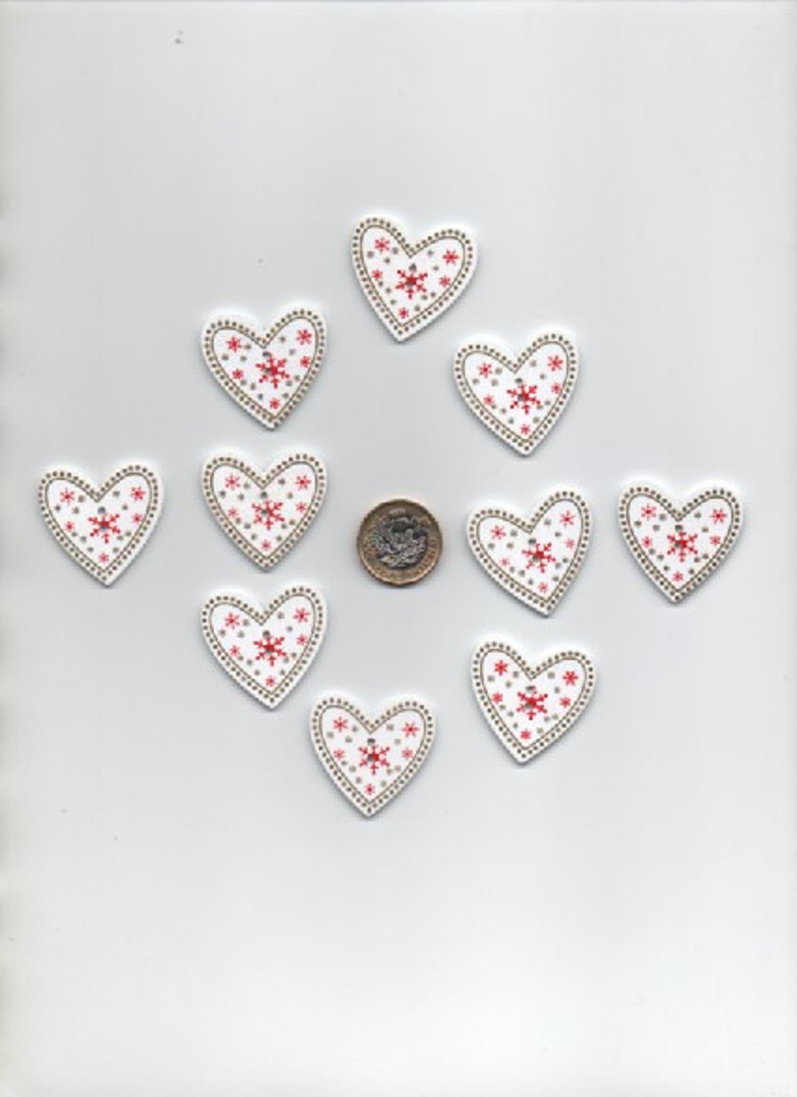 ChrissieCraft pack of 10 hand-finished painted wooden NORDIC HEART buttons