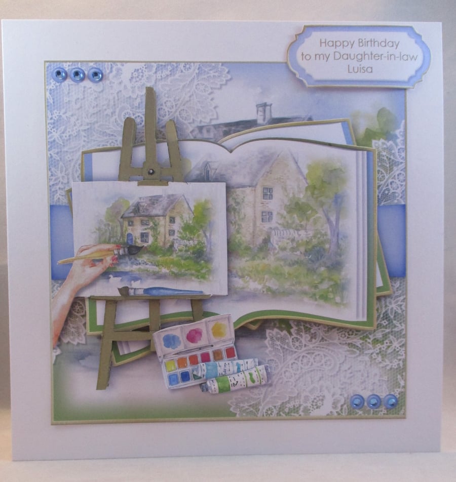 Decoupage,3D,Large Birthday  Greeting Card , Artist, Painting,Easel, Personalise