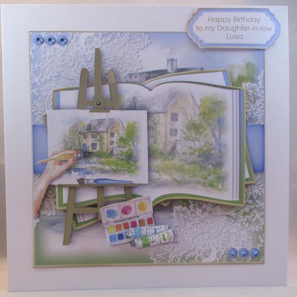 Decoupage,3D,Large Birthday  Greeting Card , Artist, Painting,Easel, Personalise