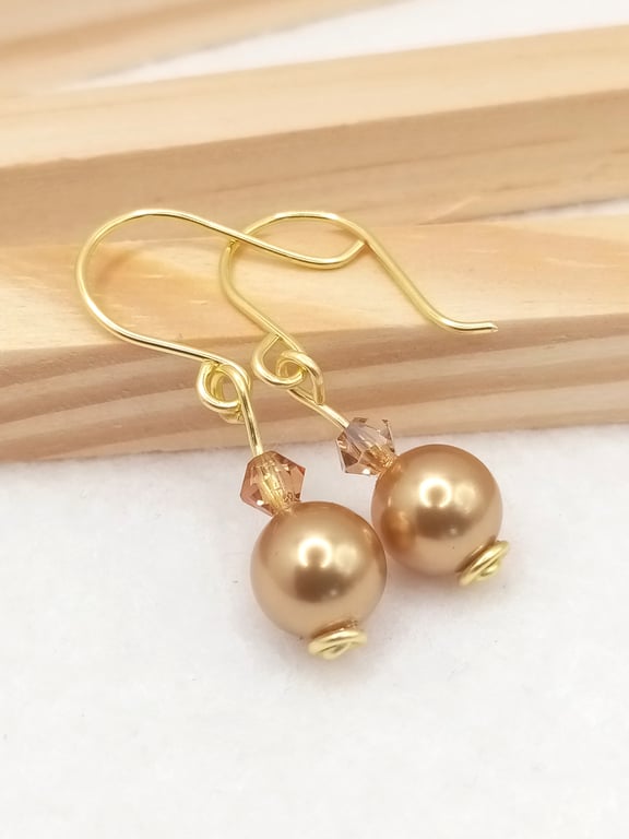 Bright Gold Swarovski Pearl Drop Earrings - Gold Pearl Dangle Earrings