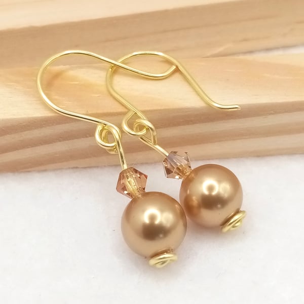 Bright Gold Swarovski Pearl Drop Earrings - Gold Pearl Dangle Earrings
