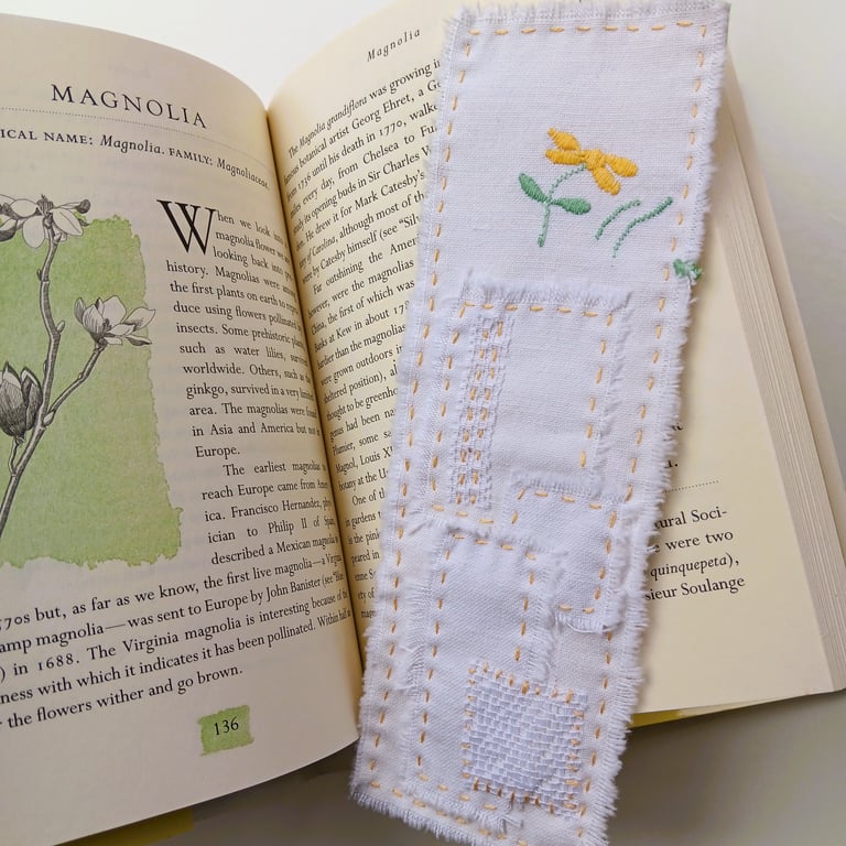 Hand Embroidered Bookmark - Yellow - Created using Upcycled Vintage Fabric