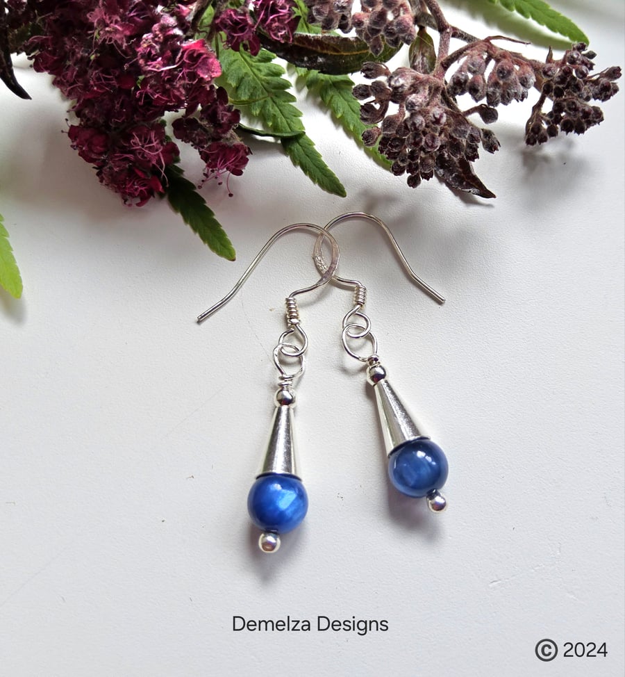 Designer Dainty Blue Kyanite Sterling Silver Earrings 