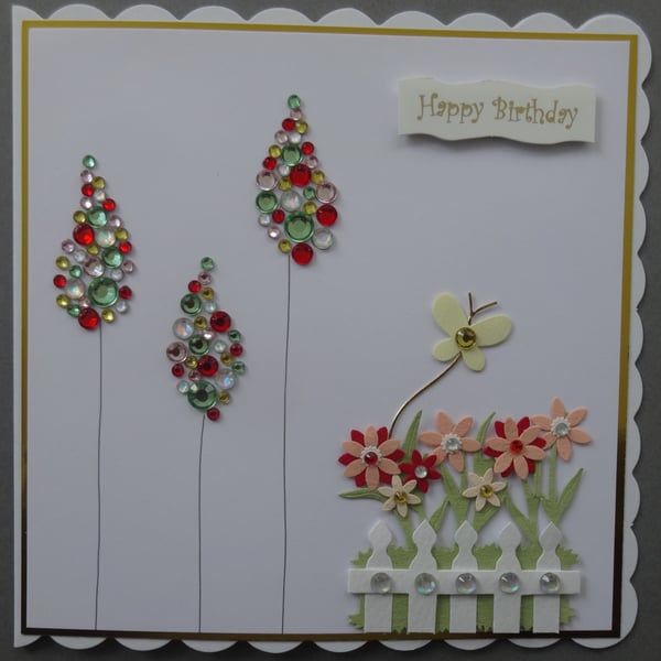 Happy Birthday Card Gems Trees Flowers Butterfly Picket Fence 3D Luxury Handmade