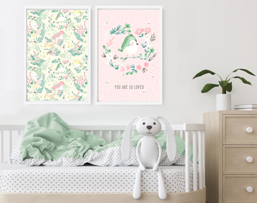Woodland boho little birds pastel nursery set x 2 art prints for baby girl, baby