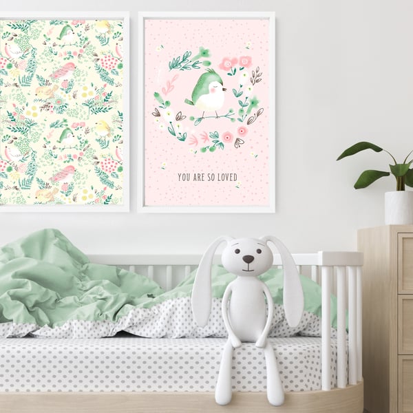 Woodland boho little birds pastel nursery set x 2 art prints for baby girl, baby