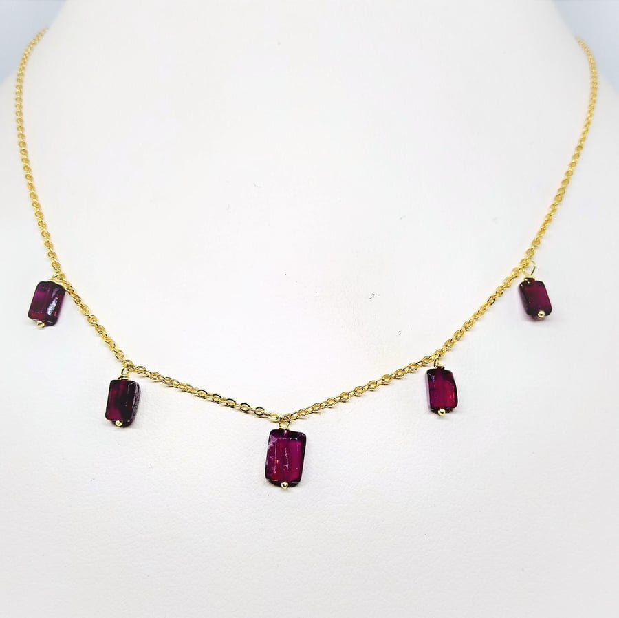 Red Garnet Multi Drop Gold 925 Silver Necklace 16-18 inch
