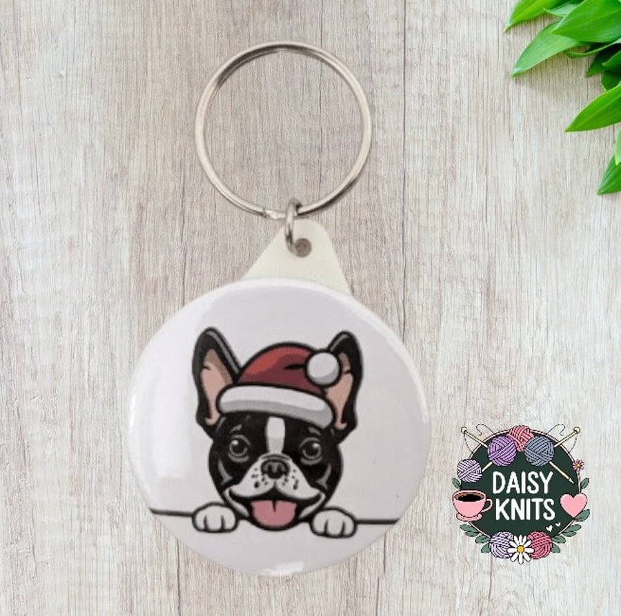 Boston Terrier Keyring with Santa Hat – Christmas Gift 