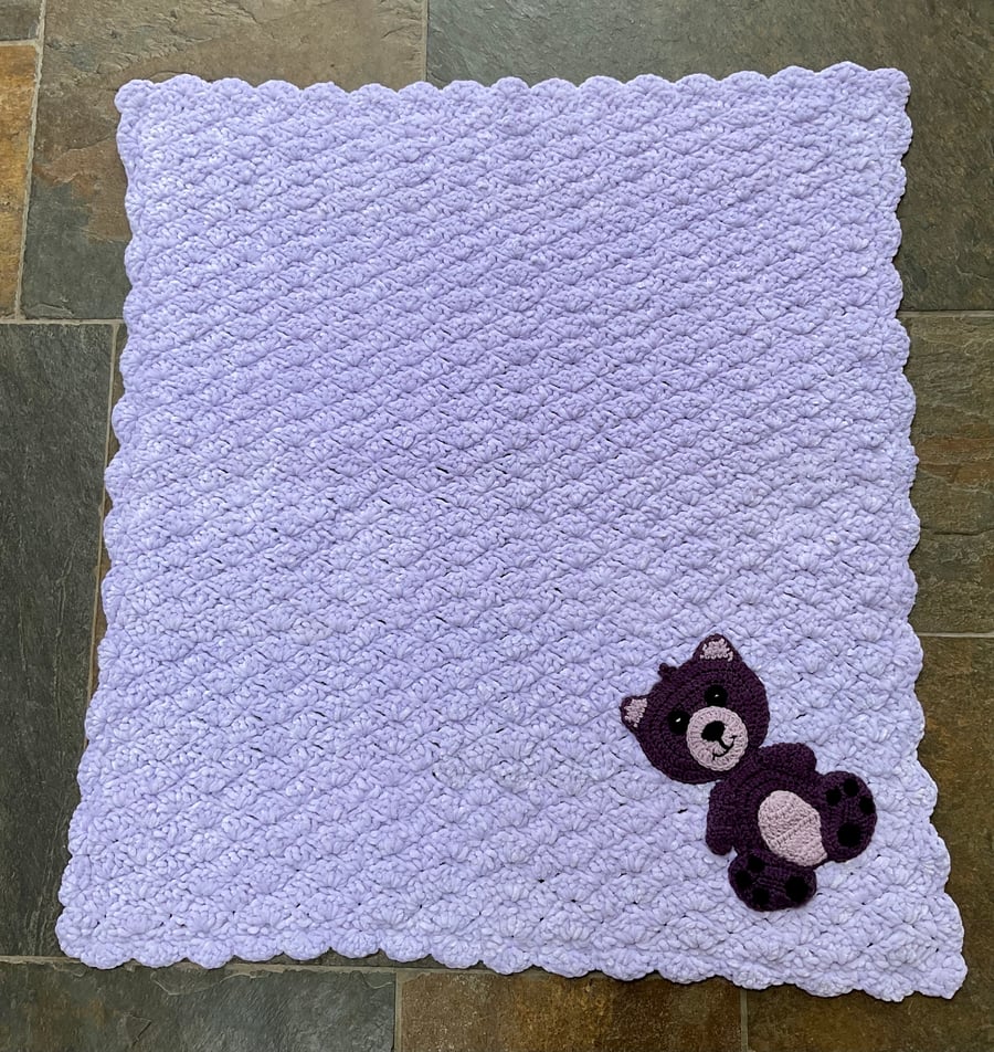 Crocheted chenille baby blanket, super soft and cuddly.