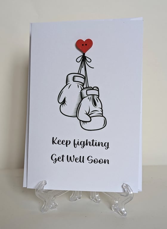 Get Well Soon Keep fighting red heart button greetings card 