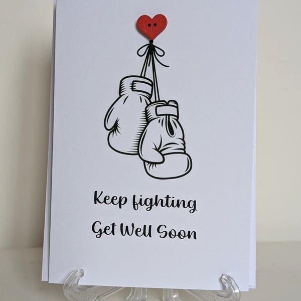 Get Well Soon Keep fighting red heart button greetings card 