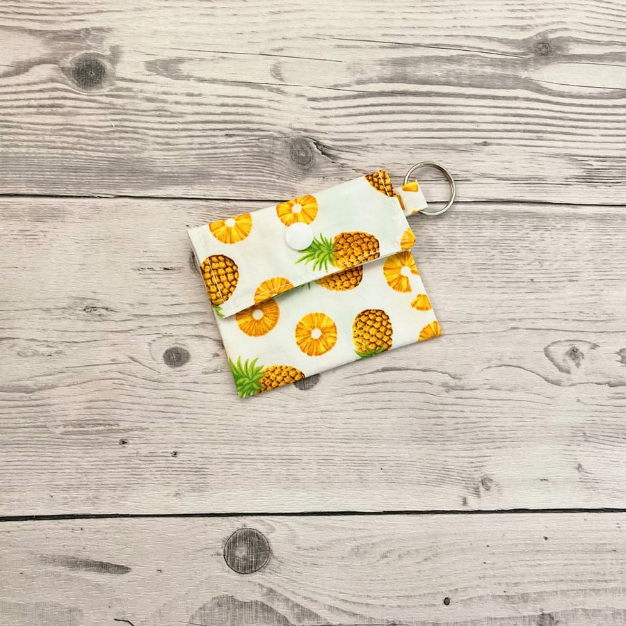 Pineapple fruit slices themed cotton fabric round lip balm keyring, keychain.