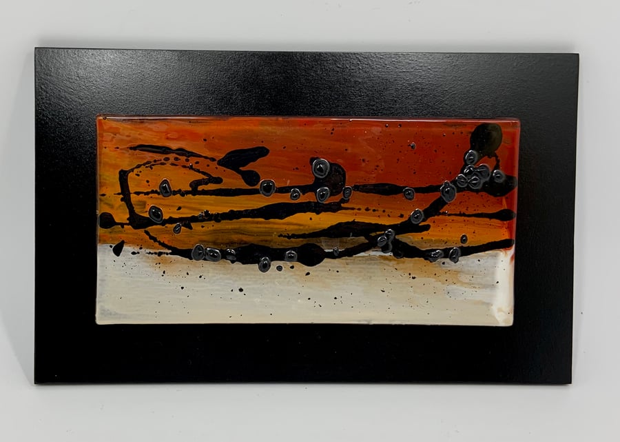 “Sunset” Beautiful Glass hand enamel painted and embellished panel.