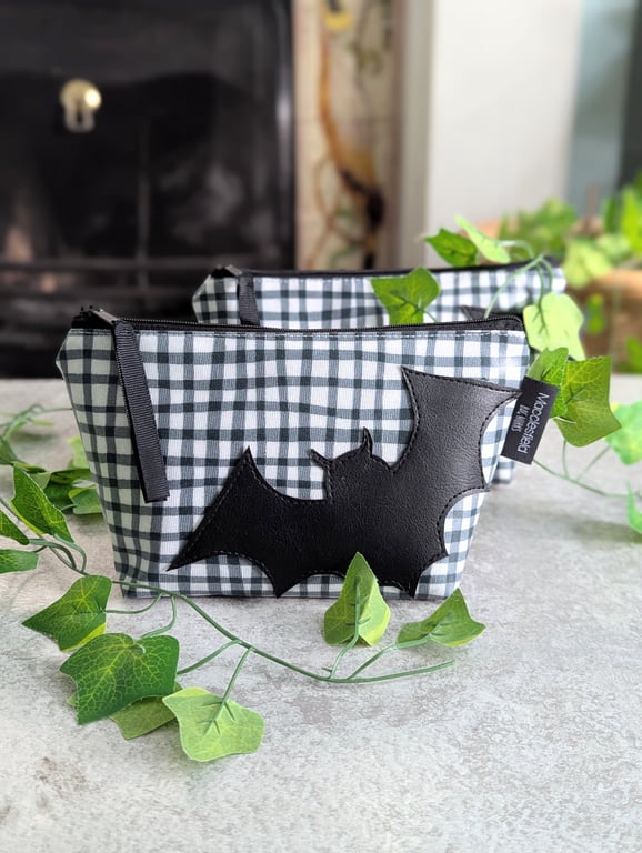 Bat Motif Gingham Oilcloth Small Makeup Bag or Pencil Case