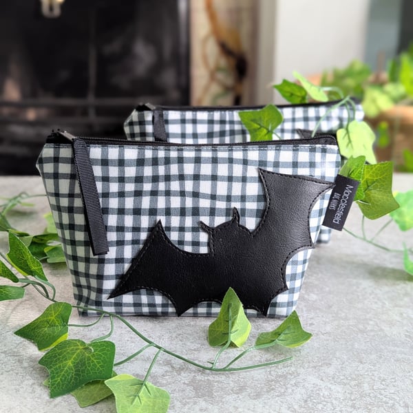 Bat Motif Gingham Oilcloth Small Makeup Bag or Pencil Case